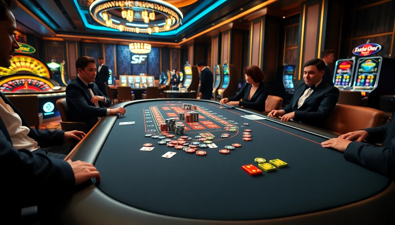 Engaging players at the S8 casino table with colorful chips and cards in a luxurious setting.