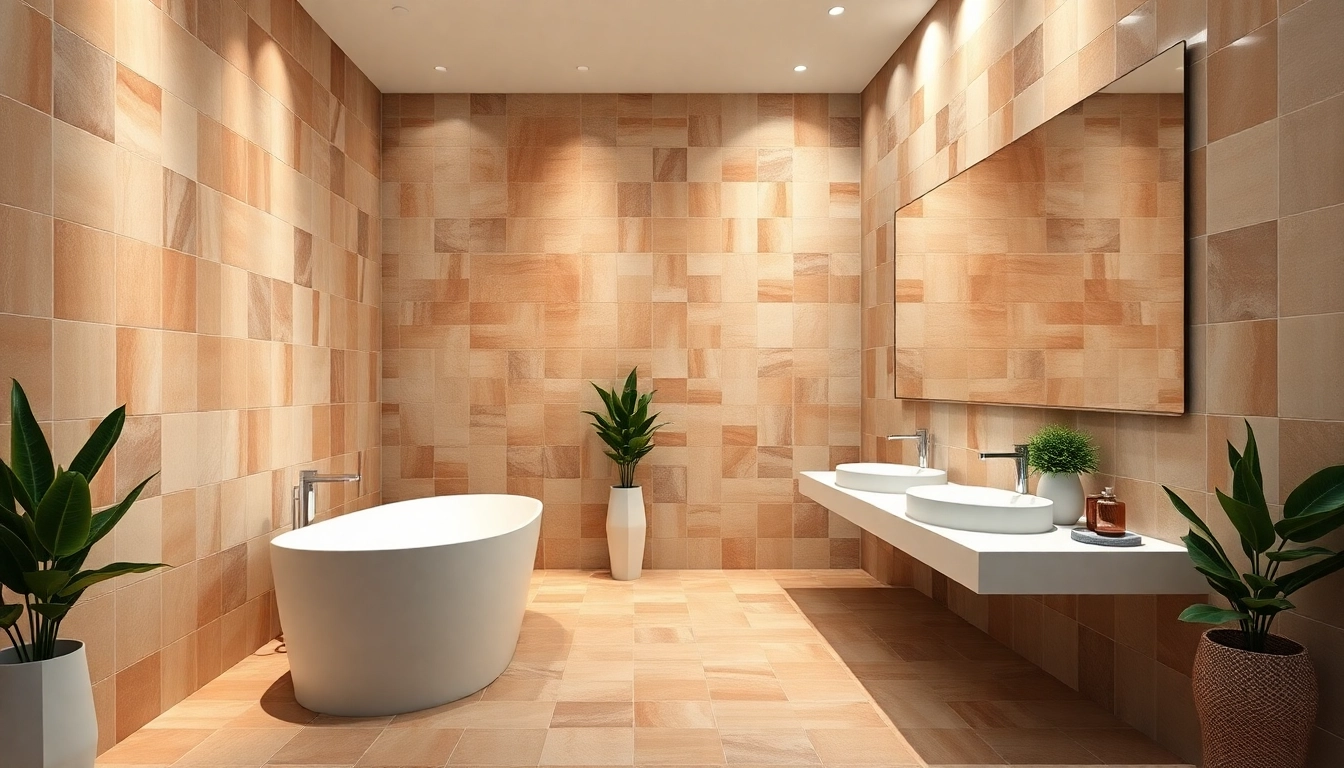 Carrelages élégants dans une salle de bains moderne, avec des couleurs chaudes et une décoration raffinée.