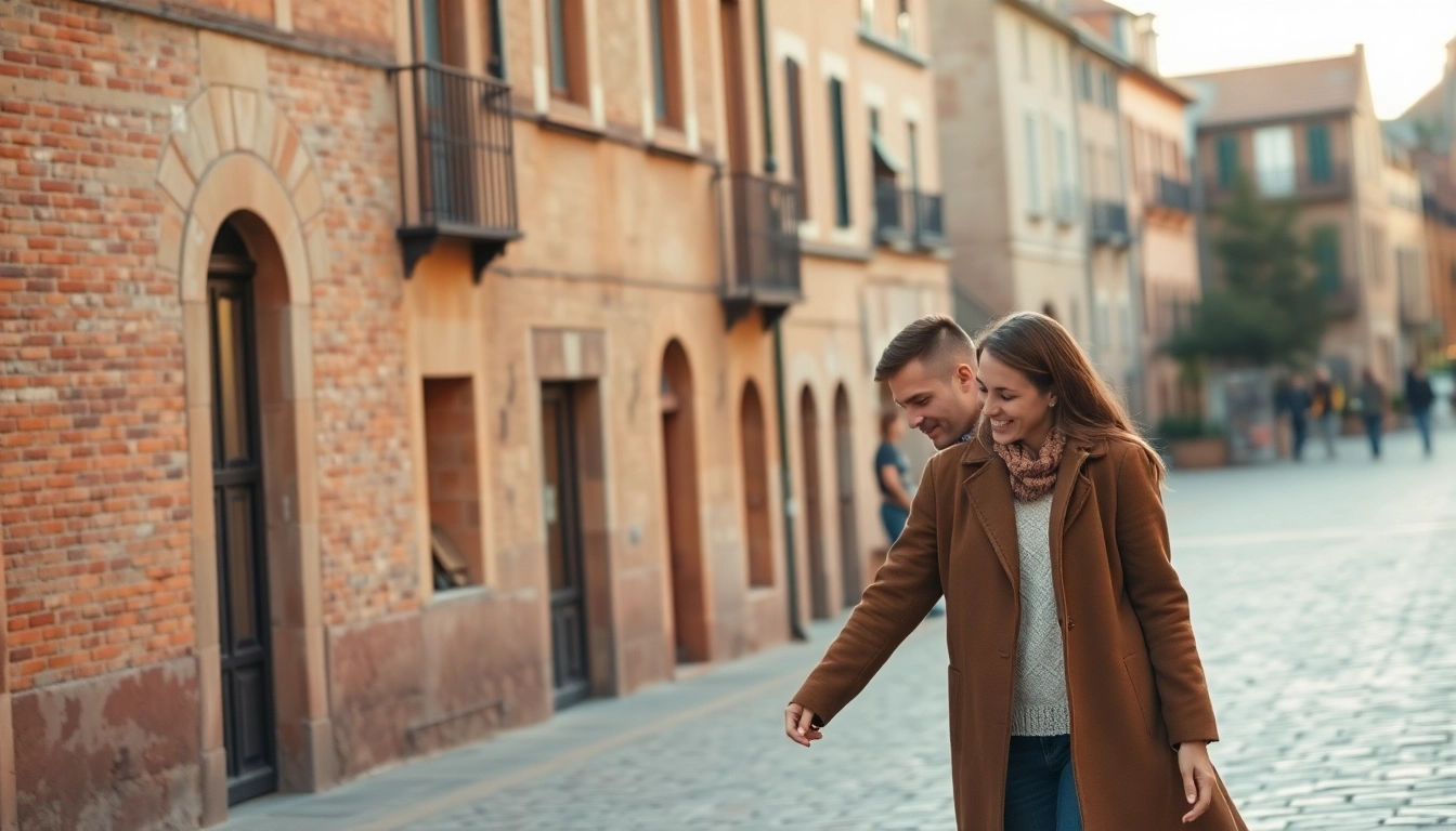 Un couple amoureux se promenant à Toulouse pour retrouver amour Toulouse dans un décor romantique.