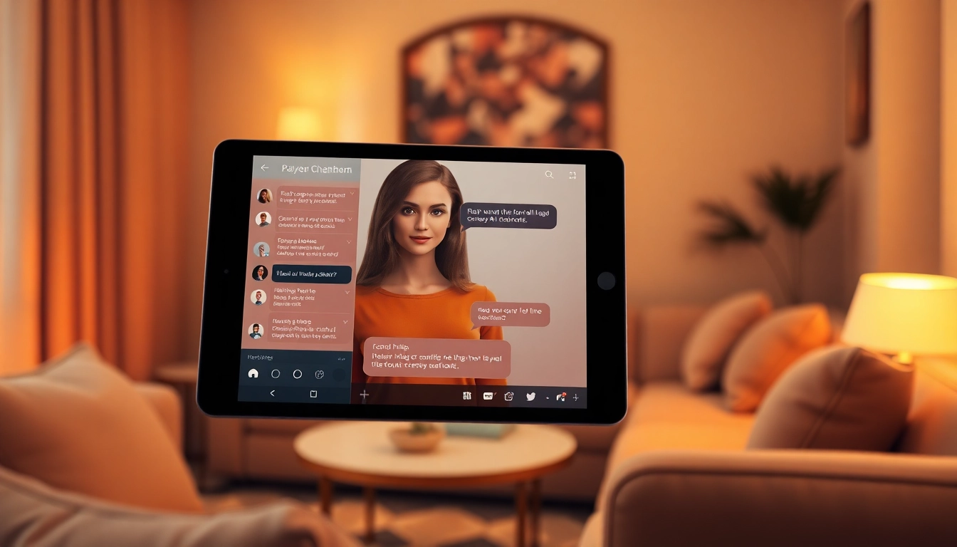 Engaging sexy ai chat interaction on a tablet in a cozy room.