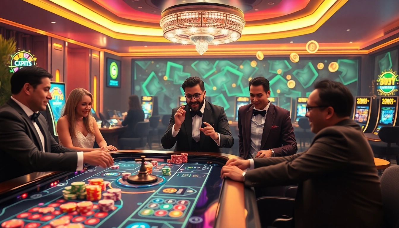 Exciting scene of players engaging in casino crypto en ligne games with vibrant slot machines and poker tables.