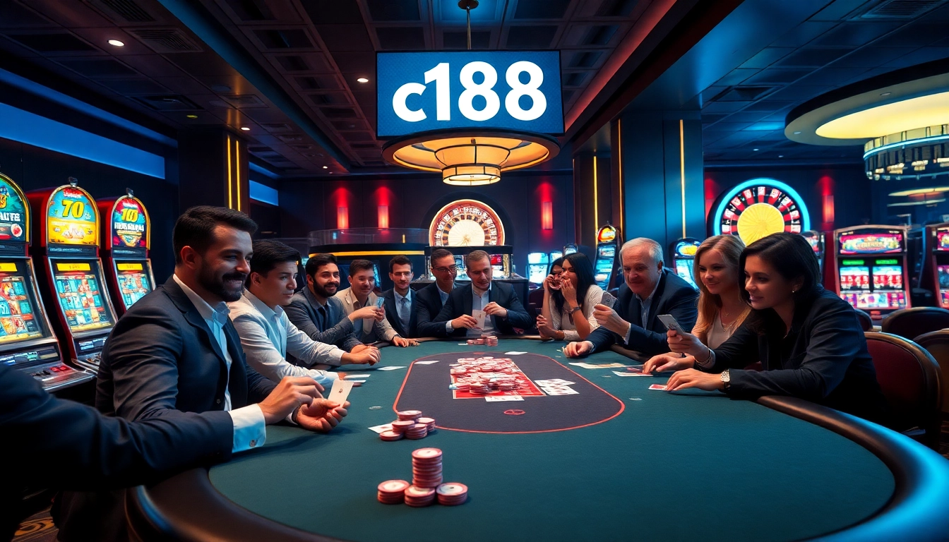 Enjoying a thrilling poker game at the c168 casino with vibrant slot machines and roulette.
