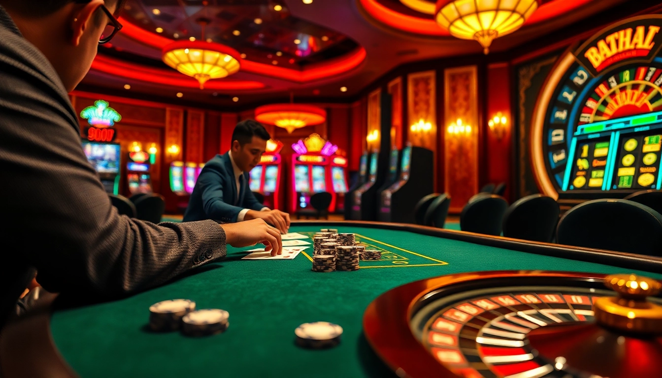 Experience the thrill of gambling at https://vua88.boo/ with a vibrant casino scene showing poker and slots.