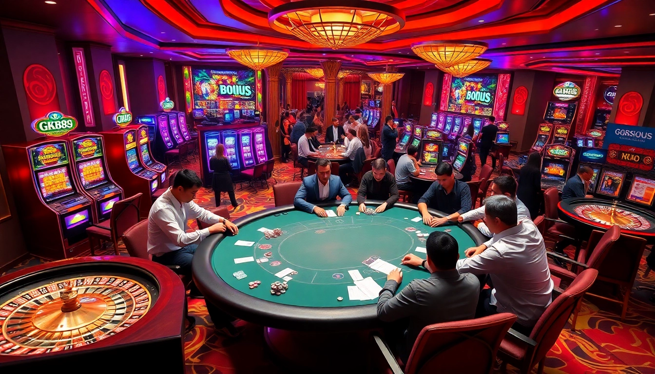 Exciting gaming scene at GK88 COM with vibrant poker action and colorful slot machines.
