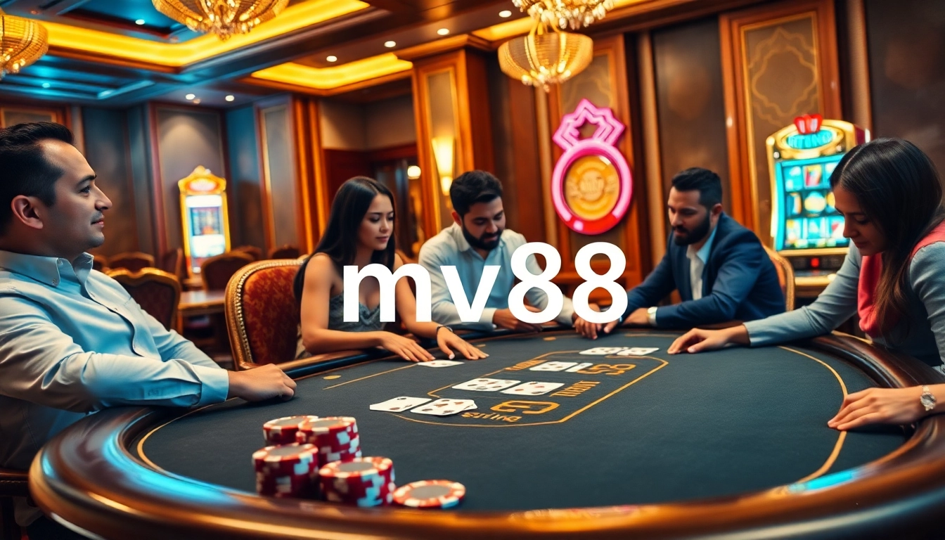 Experience winning strategies at mv88 with an opulent poker table and glowing slot machines.