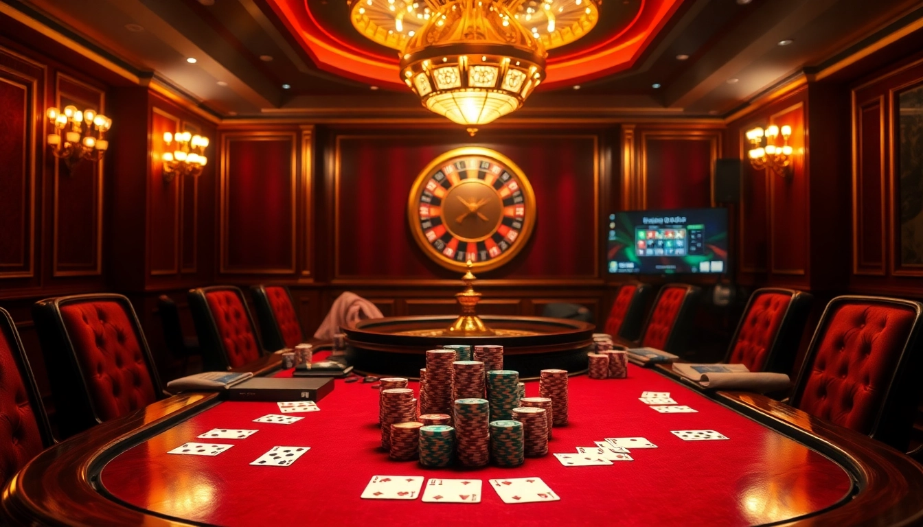 Experience the thrill of Bk33 casino with poker chips, vibrant cards, and an engaging roulette wheel.