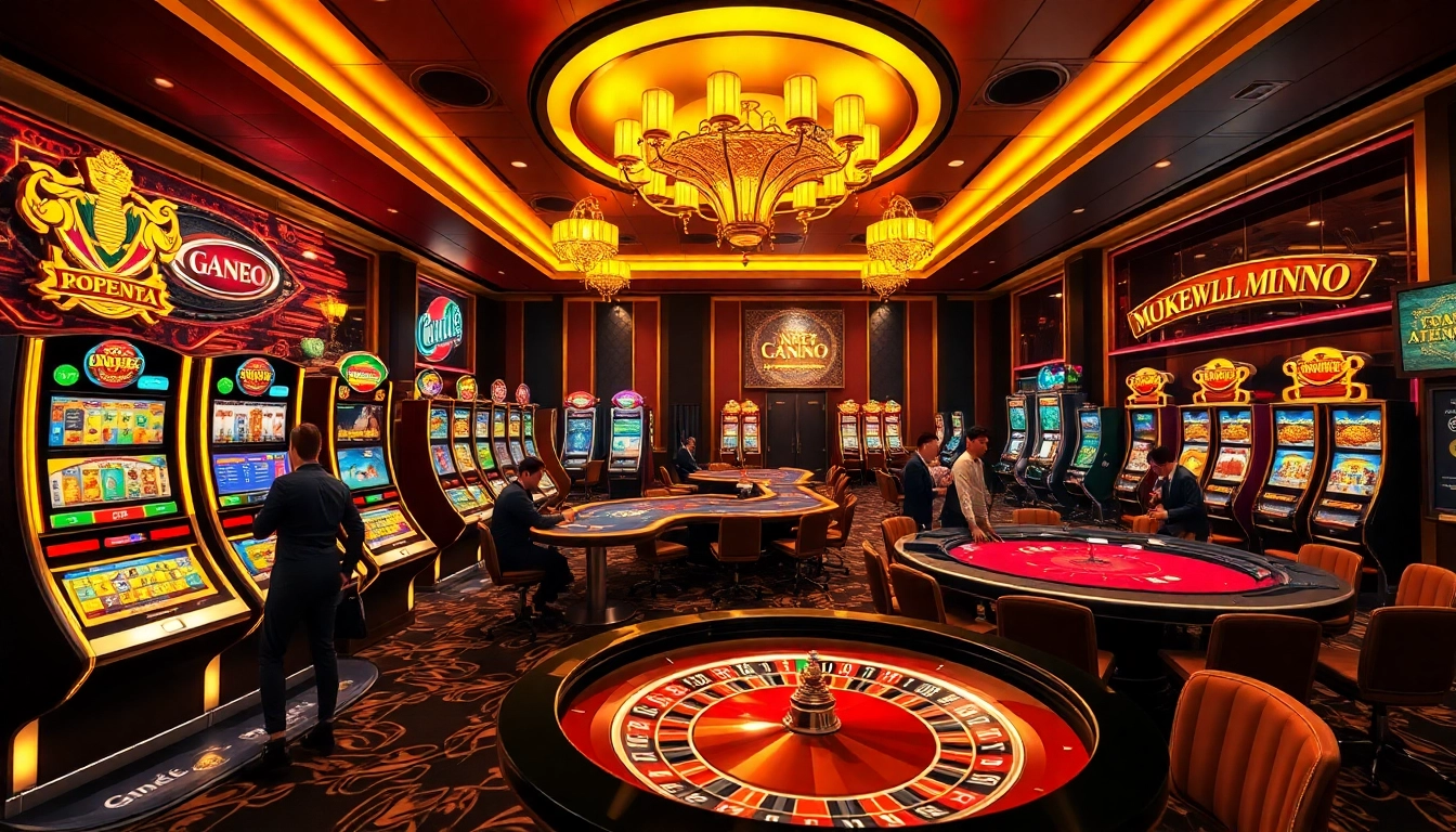 The vibrant casino atmosphere of nhà cái rr88 featuring stylish gaming tables, slot machines, and engaged gamblers enjoying their gaming experience.
