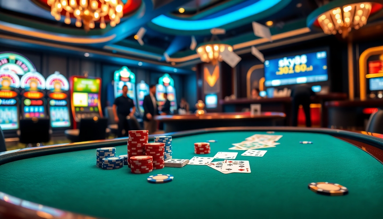 Engaging casino scene with a poker table and vibrant elements from https://sky88.marketing/ reflecting excitement.