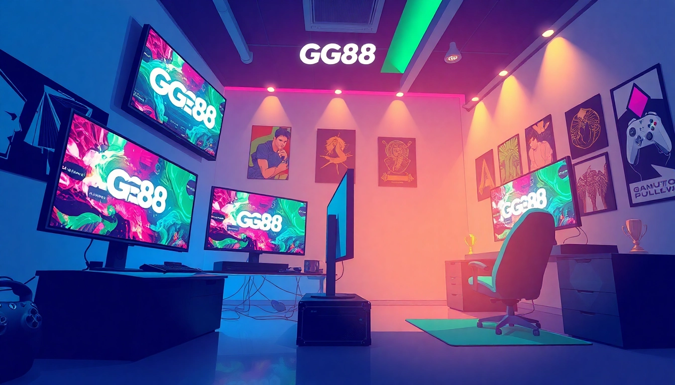 GG88 gaming setup showcasing high-tech monitors and vibrant lighting in an exciting environment.