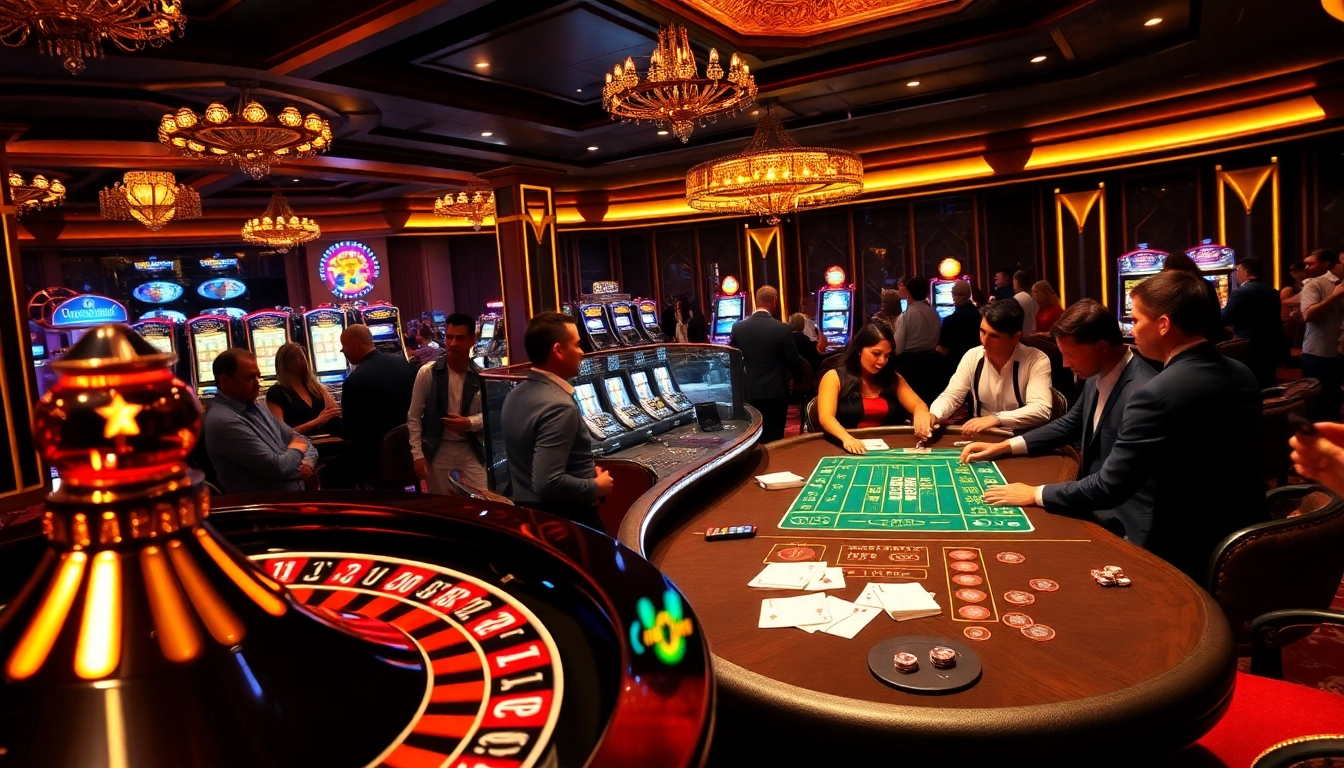 Exciting casino scene featuring roulette, poker, and slot machines related to https://kuwinzhz.com/ for immersive gambling.