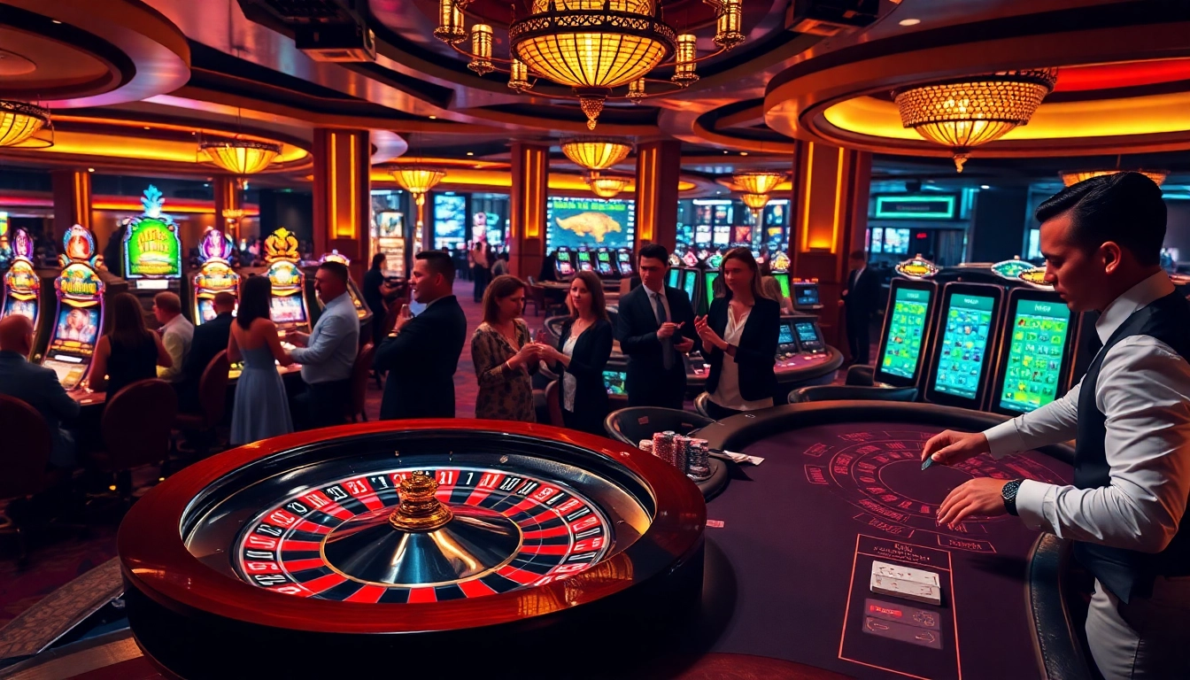Engaging players at a vibrant casino scene with roulette, poker chips, and https://fsbet.app/ online interfaces.