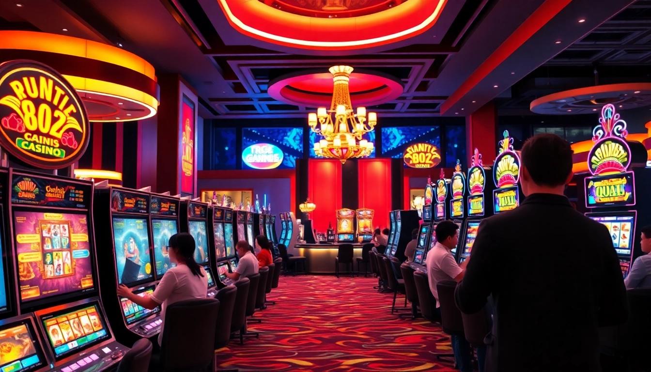 Découvrez le meilleur casino en ligne avec une ambiance luxueuse et joyeuse, présentant des joueurs et des machines modernes.