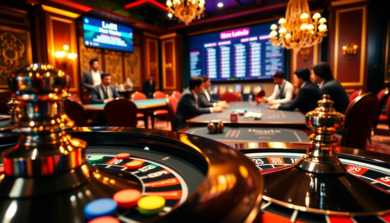 Roulette wheel and poker table scene showcasing excitement at https://lu88.co.com/ with vibrant casino elements.