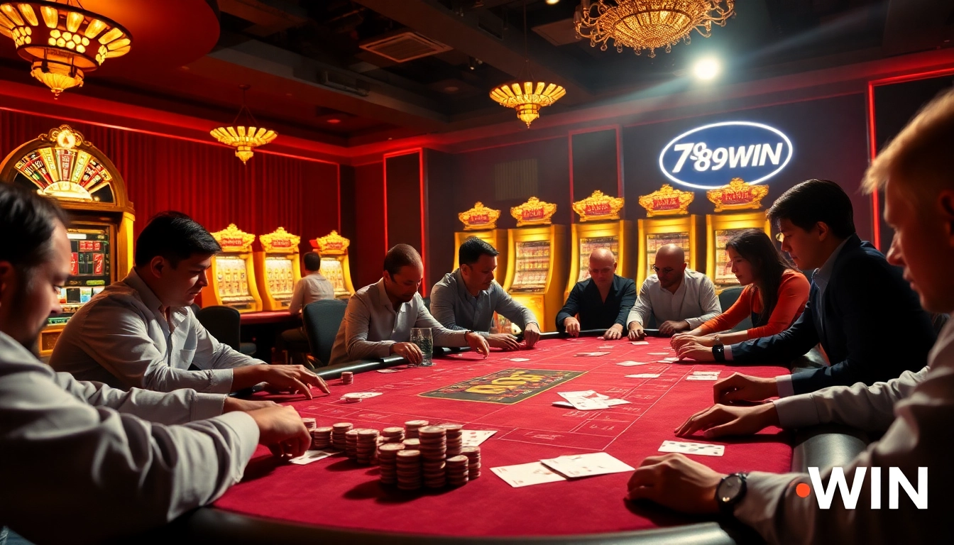 Exciting gambling scene at 789WIN with players immersed in poker and roulette.