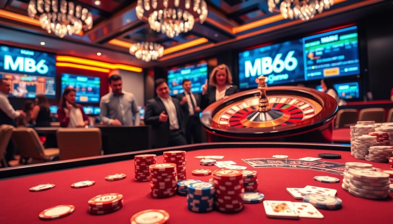 Exciting atmosphere at MB66 casino with players engaging in poker and roulette games.